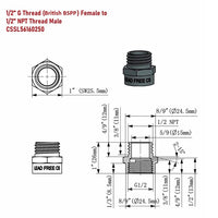 Technical drawing of plumbing thread adapter with dimensions and specifications.