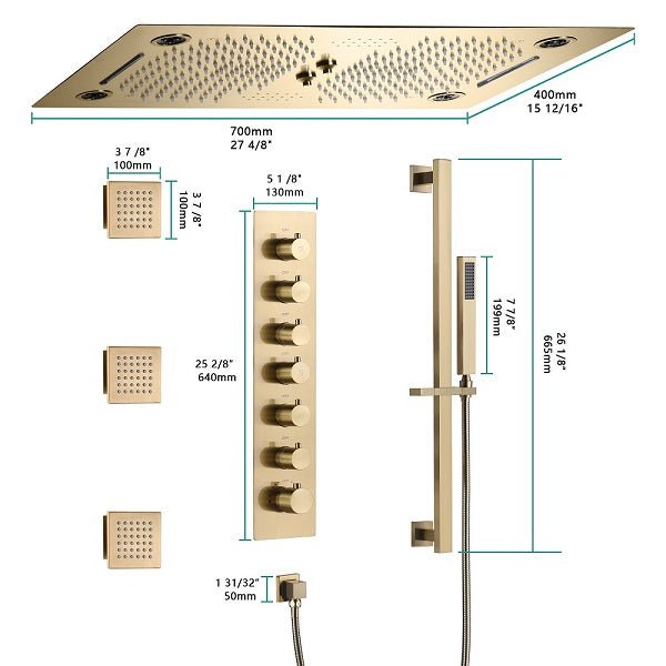 Cascada Pisa 16"x28" Brushed Gold Bluetooth LED Shower System - Cascada Showers