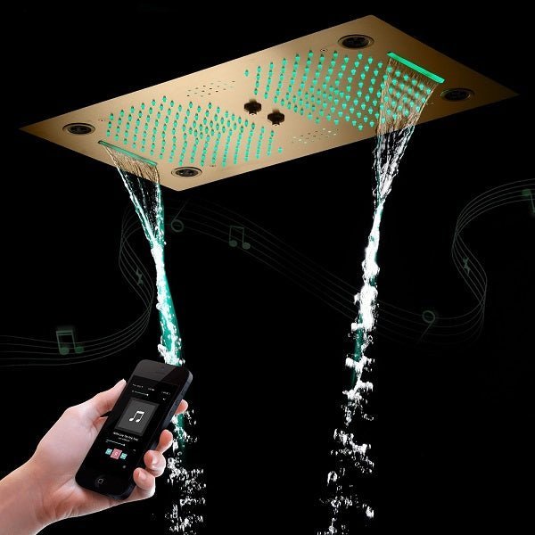 Cascada Pisa 16"x28" Brushed Gold Bluetooth LED Shower System - Cascada Showers