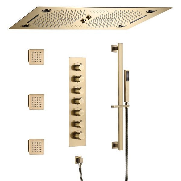 Cascada Pisa 16"x28" Brushed Gold Bluetooth LED Shower System - Cascada Showers