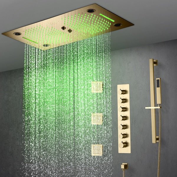 Cascada Pisa 16"x28" Brushed Gold Bluetooth LED Shower System - Cascada Showers
