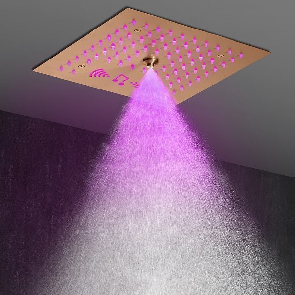 Cascada Luxury 12" Music LED shower system with built-in Bluetooth Speakers, 4 functions (Rainfall, Mist Outlet, Body jets & HandShower) & Remote Control 64 Color Lights cascada system LED bluetooth shower head speaker hot cold music rain rainfall musical lights showerhead body spray jet waterfall misty ceiling mounted handheld high pressure multicolor holder thermostatic chrome oil rubbed bronze mixer remote control
