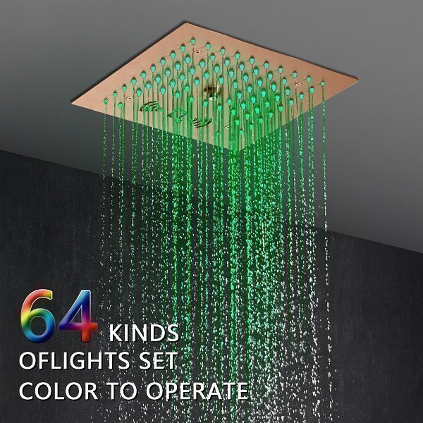 Cascada Luxury 12" Music LED shower system with built-in Bluetooth Speakers, 4 functions (Rainfall, Mist Outlet, Body jets & HandShower) & Remote Control 64 Color Lights cascada system LED bluetooth shower head speaker hot cold music rain rainfall musical lights showerhead body spray jet waterfall misty ceiling mounted handheld high pressure multicolor holder thermostatic chrome oil rubbed bronze mixer remote control