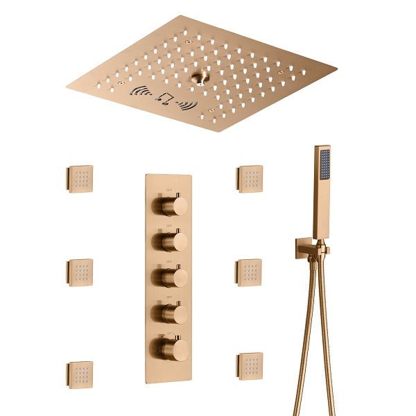 Cascada Luxury 12" Music LED shower system with built-in Bluetooth Speakers, 4 functions (Rainfall, Mist Outlet, Body jets & HandShower) & Remote Control 64 Color Lights cascada system LED bluetooth shower head speaker hot cold music rain rainfall musical lights showerhead body spray jet waterfall misty ceiling mounted handheld high pressure multicolor holder thermostatic chrome oil rubbed bronze mixer remote control