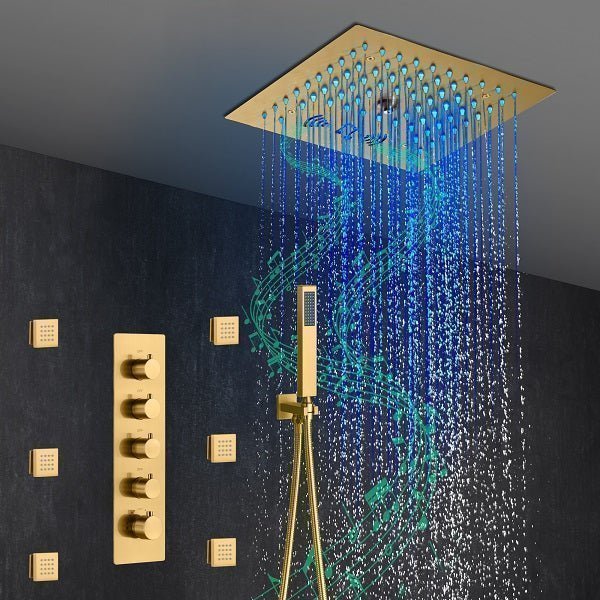 Cascada Luxury 12" Music LED shower system with built-in Bluetooth Speakers, 4 functions (Rainfall, Mist Outlet, Body jets & HandShower) & Remote Control 64 Color Lights cascada system LED bluetooth shower head speaker hot cold music rain rainfall musical lights showerhead body spray jet waterfall misty ceiling mounted handheld high pressure multicolor holder thermostatic chrome oil rubbed bronze mixer remote control