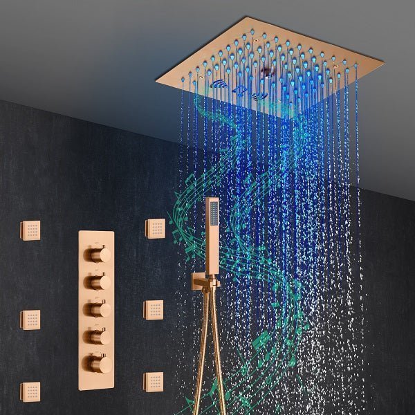 Cascada Luxury 12" Music LED shower system with built-in Bluetooth Speakers, 4 functions (Rainfall, Mist Outlet, Body jets & HandShower) & Remote Control 64 Color Lights cascada system LED bluetooth shower head speaker hot cold music rain rainfall musical lights showerhead body spray jet waterfall misty ceiling mounted handheld high pressure multicolor holder thermostatic chrome oil rubbed bronze mixer remote control