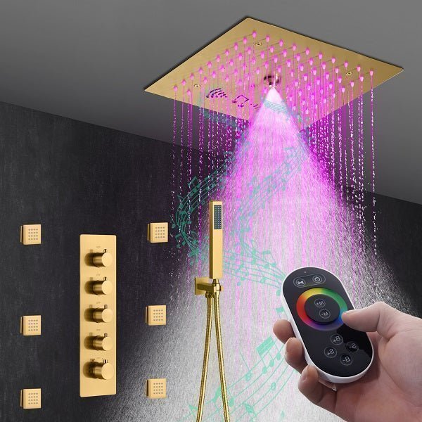 Cascada Luxury 12" Music LED shower system with built-in Bluetooth Speakers, 4 functions (Rainfall, Mist Outlet, Body jets & HandShower) & Remote Control 64 Color Lights cascada system LED bluetooth shower head speaker hot cold music rain rainfall musical lights showerhead body spray jet waterfall misty ceiling mounted handheld high pressure multicolor holder thermostatic chrome oil rubbed bronze mixer remote control
