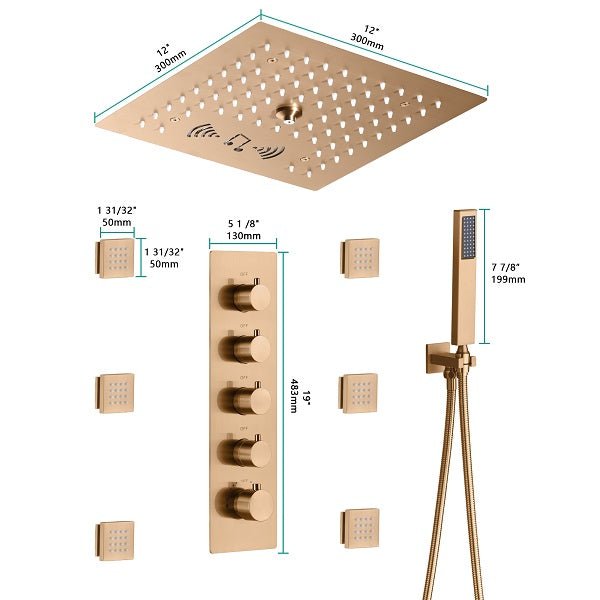 Cascada Luxury 12" Music LED shower system with built-in Bluetooth Speakers, 4 functions (Rainfall, Mist Outlet, Body jets & HandShower) & Remote Control 64 Color Lights cascada system LED bluetooth shower head speaker hot cold music rain rainfall musical lights showerhead body spray jet waterfall misty ceiling mounted handheld high pressure multicolor holder thermostatic chrome oil rubbed bronze mixer remote control