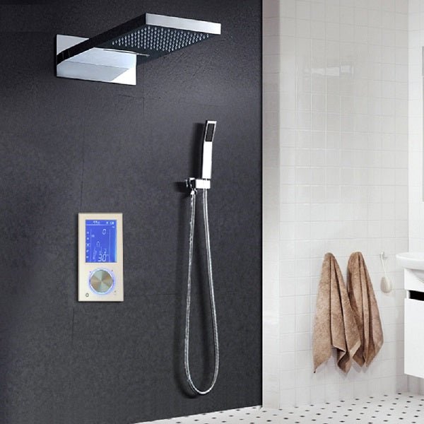 Wall-mounted LED shower head with an LCD touch screen, shown in a black bathroom setting, also depicting the shower head's polished stainless steel finish and a hand shower with a towel.