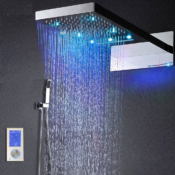 Luxury 22” Rectangle LED Shower System with thermostatic LCD touch screen and three spray functions