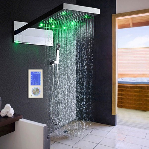 Easy installation of Luxury 22” Rectangle LED Shower System with thermostatic LCD touch screen and included accessories.