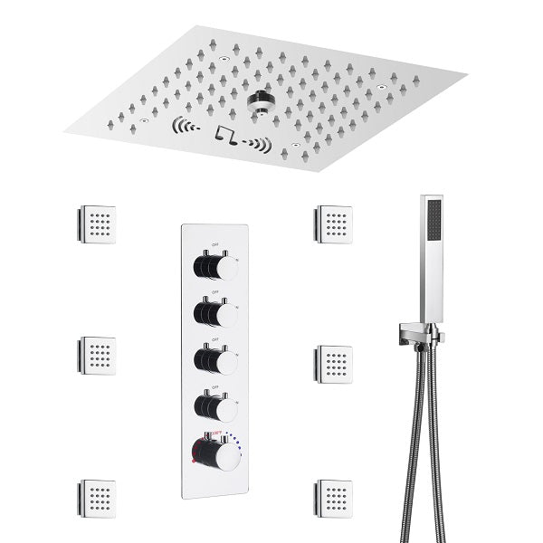 Cascada Luxury 12” Music LED shower system with built-in Bluetooth Speakers, 4 functions (Rainfall, Misty, Body jets & HandShower) & Remote Control 64 Color Lights cascada system LED bluetooth shower head speaker hot cold music rain rainfall musical lights showerhead body spray jet waterfall misty ceiling mounted handheld high pressure multicolor holder thermostatic chrome oil rubbed bronze mixer remote control