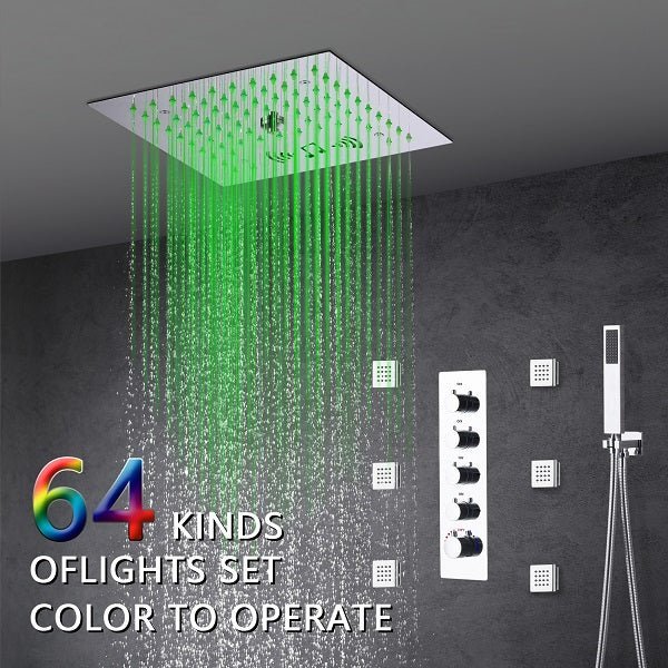 Cascada Luxury 12” Music LED shower system with built-in Bluetooth Speakers, 4 functions (Rainfall, Misty, Body jets & HandShower) & Remote Control 64 Color Lights cascada system LED bluetooth shower head speaker hot cold music rain rainfall musical lights showerhead body spray jet waterfall misty ceiling mounted handheld high pressure multicolor holder thermostatic chrome oil rubbed bronze mixer remote control
