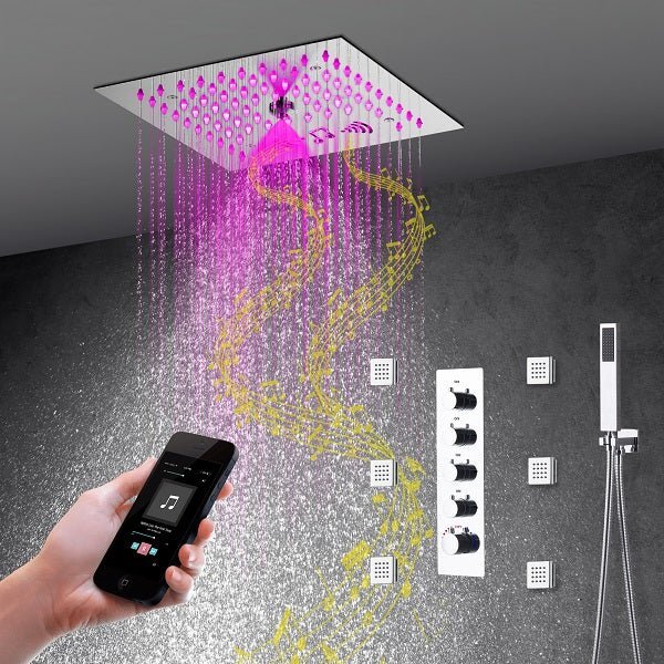 Cascada Luxury 12” Music LED shower system with built-in Bluetooth Speakers, 4 functions (Rainfall, Misty, Body jets & HandShower) & Remote Control 64 Color Lights cascada system LED bluetooth shower head speaker hot cold music rain rainfall musical lights showerhead body spray jet waterfall misty ceiling mounted handheld high pressure multicolor holder thermostatic chrome oil rubbed bronze mixer remote control