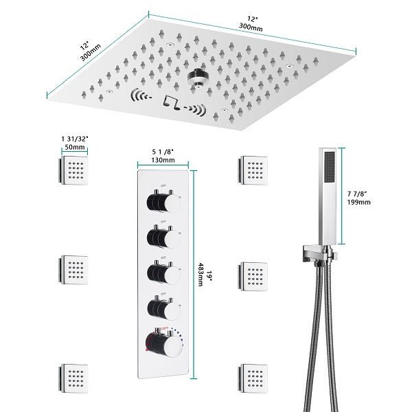 Cascada Luxury 12” Music LED shower system with built-in Bluetooth Speakers, 4 functions (Rainfall, Misty, Body jets & HandShower) & Remote Control 64 Color Lights cascada system LED bluetooth shower head speaker hot cold music rain rainfall musical lights showerhead body spray jet waterfall misty ceiling mounted handheld high pressure multicolor holder thermostatic chrome oil rubbed bronze mixer remote control