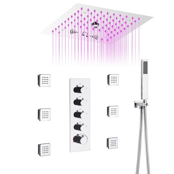 Cascada Luxury 12” Music LED shower system with built-in Bluetooth Speakers, 4 functions (Rainfall, Misty, Body jets & HandShower) & Remote Control 64 Color Lights cascada system LED bluetooth shower head speaker hot cold music rain rainfall musical lights showerhead body spray jet waterfall misty ceiling mounted handheld high pressure multicolor holder thermostatic chrome oil rubbed bronze mixer remote control