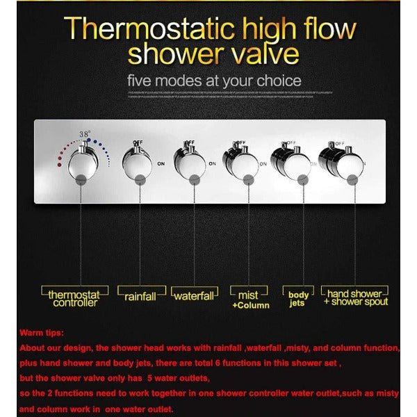 Cascada Luxurious Recessed 15" x 28" Large LED Shower System with 6 knob Thermostatic Valve, 5 Mode Functions (Rainfall, Waterfall, SPA Mist, Column & Handheld Shower) shower head with handheld rain LED 6 valve handle showerheads high pressure hand held system holder waterfall Rainfall SPA mist black matt fixture gold kit chrome oil rubbed bronze mixer modern ceiling mount 3 way thermostatic rectangle shower system