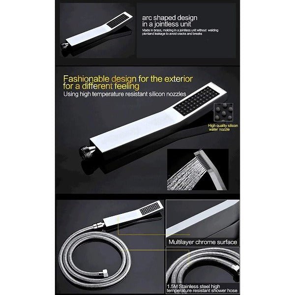 Cascada Luxurious Recessed 15" x 28" Large LED Shower System with 6 knob Thermostatic Valve, 5 Mode Functions (Rainfall, Waterfall, SPA Mist, Column & Handheld Shower) shower head with handheld rain LED 6 valve handle showerheads high pressure hand held system holder waterfall Rainfall SPA mist black matt fixture gold kit chrome oil rubbed bronze mixer modern ceiling mount 3 way thermostatic rectangle shower system