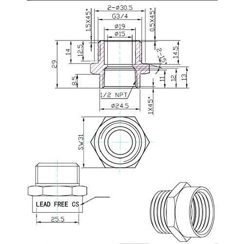 3/4" Male G Thread Water Pipe to 1/2" Female NPT Thread Female Pipe Fitting Adapter - Cascada Showers