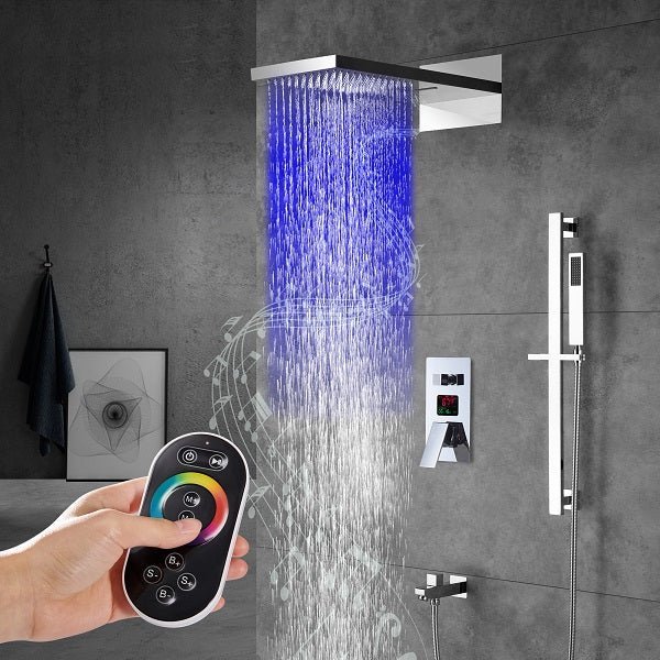 Cascada Luxury 22” Music LED shower system (Wall Mounted) with Single Valve & LCD Display, 3 function (Rain, Waterfall & Hand Shower) & Remote Control 64 Color Lights (Matt Black) cascada system LED bluetooth shower head with handheld speaker hot cold music rain rainfall musical light showerhead body spray jet waterfall lifting rod wall mounted high pressure thermostatic mixer black matte chrome oilrubbed bronze remote control