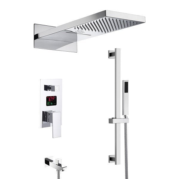 Cascada Luxury 22” Music LED shower system (Wall Mounted) with Single Valve & LCD Display, 3 function (Rain, Waterfall & Hand Shower) & Remote Control 64 Color Lights (Matt Black) cascada system LED bluetooth shower head with handheld speaker hot cold music rain rainfall musical light showerhead body spray jet waterfall lifting rod wall mounted high pressure thermostatic mixer black matte chrome oilrubbed bronze remote control