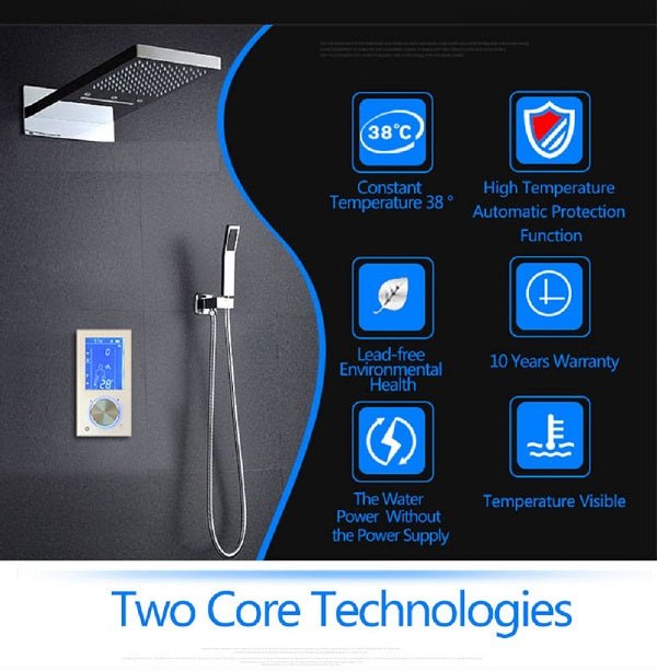 Luxury 22” Rectangle LED Shower System showing polished chrome finish and thermostatic LCD touch screen controls.