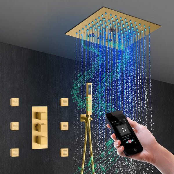 Cascada Luxury 12” Music LED shower system with built-in Bluetooth Speakers, 4 function (Rainfall, Misty, body jets & Hand Shower) & Remote Control 64 Color Lights cascada system LED bluetooth shower head speaker hot cold music rain rainfall musical light showerhead body spray jet waterfall misty ceiling mounted handheld high pressure thermostatic mixer holder black matte chrome oil rubbed bronze remote control
