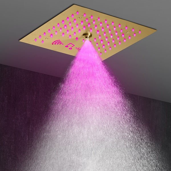 Cascada Luxury 12” Music LED shower system with built-in Bluetooth Speakers, 4 function (Rainfall, Misty, body jets & Hand Shower) & Remote Control 64 Color Lights cascada system LED bluetooth shower head speaker hot cold music rain rainfall musical light showerhead body spray jet waterfall misty ceiling mounted handheld high pressure thermostatic mixer holder black matte chrome oil rubbed bronze remote control