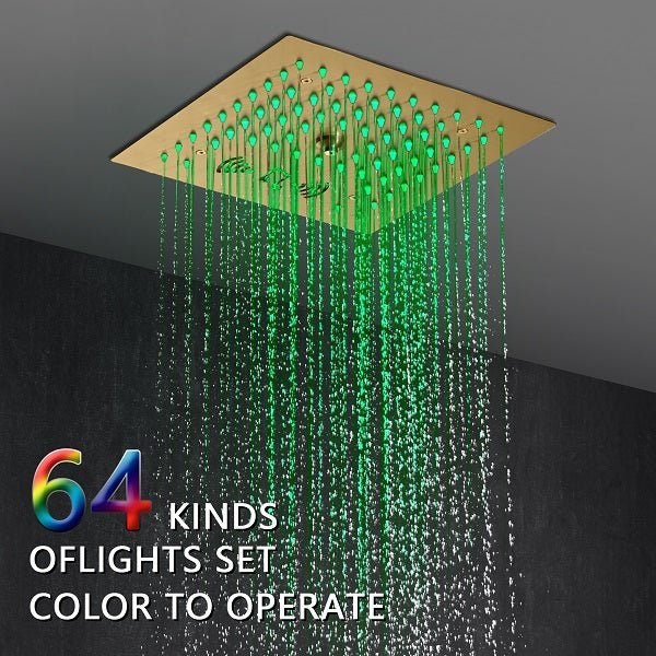 Cascada Luxury 12” Music LED shower system with built-in Bluetooth Speakers, 4 function (Rainfall, Misty, body jets & Hand Shower) & Remote Control 64 Color Lights cascada system LED bluetooth shower head speaker hot cold music rain rainfall musical light showerhead body spray jet waterfall misty ceiling mounted handheld high pressure thermostatic mixer holder black matte chrome oil rubbed bronze remote control