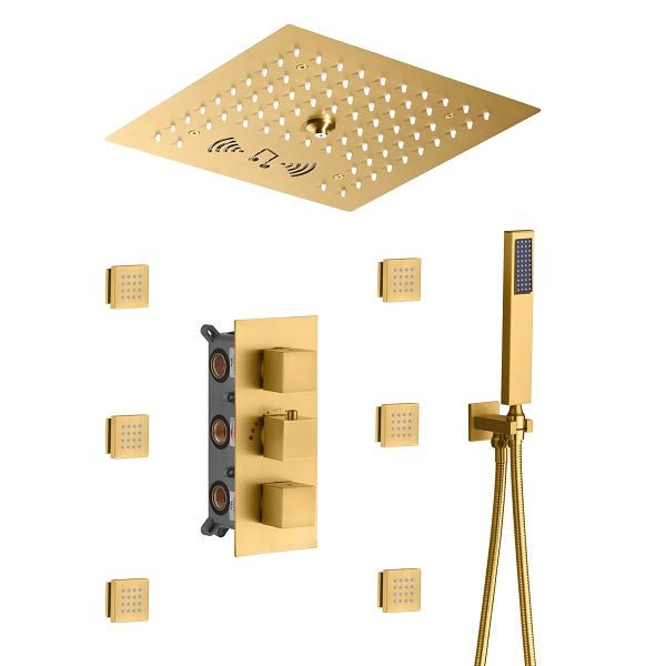 Cascada Luxury 12” Music LED shower system with built-in Bluetooth Speakers, 4 function (Rainfall, Misty, body jets & Hand Shower) & Remote Control 64 Color Lights cascada system LED bluetooth shower head speaker hot cold music rain rainfall musical light showerhead body spray jet waterfall misty ceiling mounted handheld high pressure thermostatic mixer holder black matte chrome oil rubbed bronze remote control