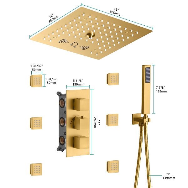 Cascada Luxury 12” Music LED shower system with built-in Bluetooth Speakers, 4 function (Rainfall, Misty, body jets & Hand Shower) & Remote Control 64 Color Lights cascada system LED bluetooth shower head speaker hot cold music rain rainfall musical light showerhead body spray jet waterfall misty ceiling mounted handheld high pressure thermostatic mixer holder black matte chrome oil rubbed bronze remote control