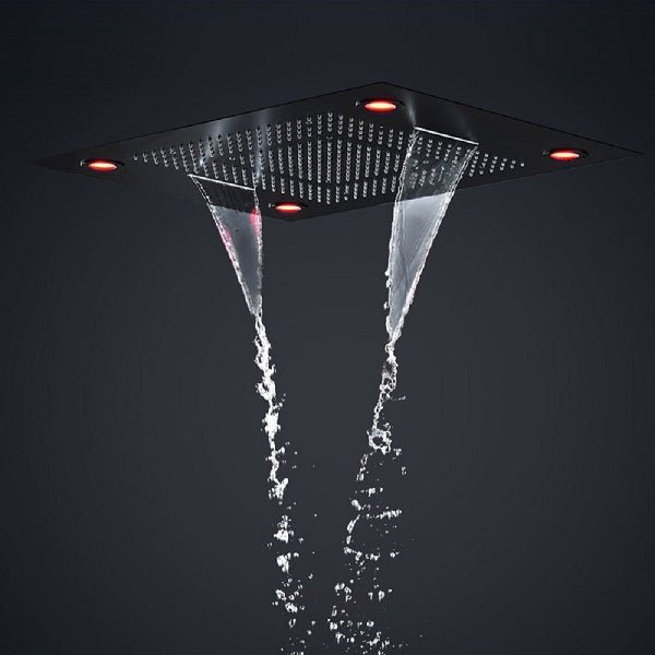 Cascada Luxurious Design 23"x31" LED Shower System, 6 Functions (Rainfall, Waterfall, Curtain, Misty, Body Jets & Handheld) & Remote App for lights cascada system LED bluetooth shower head speaker hot cold music rain rainfall musical lights showerhead body spray jets waterfall misty ceiling mounted handheld high pressure multicolor holder matte black chrome oil rubbed bronze mixer remote control