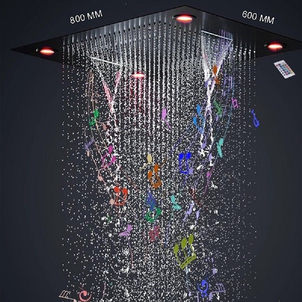 Cascada Luxurious Design 23"x31" LED Shower System, 6 Functions (Rainfall, Waterfall, Curtain, Misty, Body Jets & Handheld) & Remote App for lights cascada system LED bluetooth shower head speaker hot cold music rain rainfall musical lights showerhead body spray jets waterfall misty ceiling mounted handheld high pressure multicolor holder matte black chrome oil rubbed bronze mixer remote control