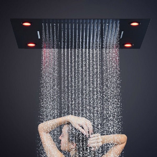 Cascada Luxurious Design 23"x31" LED Shower System, 6 Functions (Rainfall, Waterfall, Curtain, Misty, Body Jets & Handheld) & Remote App for lights cascada system LED bluetooth shower head speaker hot cold music rain rainfall musical lights showerhead body spray jets waterfall misty ceiling mounted handheld high pressure multicolor holder matte black chrome oil rubbed bronze mixer remote control