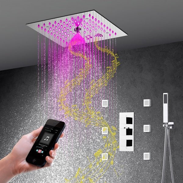 Cascada LED shower system; shower head; bathroom accessories; bathroom set; large shower head; shower system; LED shower head; shower head with handheld; wayfair Complete Shower System; LED shower system with built-in Bluetooth Speakers; multicolor LED built in Bluetooth speaker shower heads; music shower system; rain shower head; delta shower head; showerhead; black shower head; shower head with hose; shower hose; hand held shower head; shower head rainfall; rain shower head with handheld spray;
