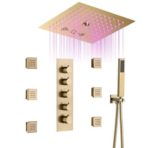 Cascada Luxury 12" Music LED shower system with built-in Bluetooth Speakers, 4 functions (Rainfall, Mist Outlet, Body jets & HandShower) & Remote Control 64 Color Lights cascada system LED bluetooth shower head speaker hot cold music rain rainfall musical lights showerhead body spray jet waterfall misty ceiling mounted handheld high pressure multicolor holder thermostatic chrome oil rubbed bronze mixer remote control