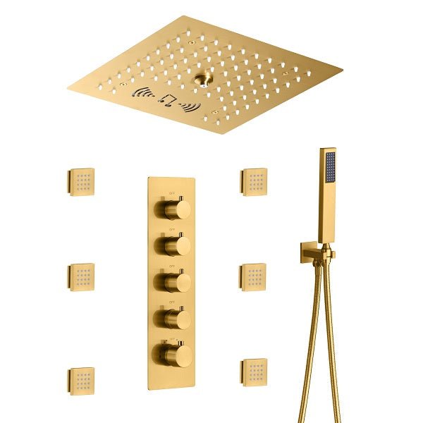 Cascada Luxury 12" Music LED shower system with built-in Bluetooth Speakers, 4 functions (Rainfall, Mist Outlet, Body jets & HandShower) & Remote Control 64 Color Lights cascada system LED bluetooth shower head speaker hot cold music rain rainfall musical lights showerhead body spray jet waterfall misty ceiling mounted handheld high pressure multicolor holder thermostatic chrome oil rubbed bronze mixer remote control