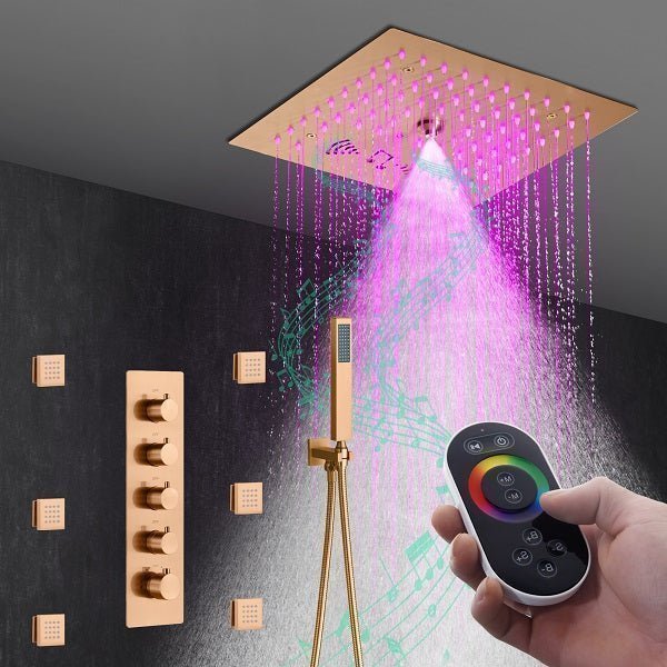 Cascada Luxury 12" Music LED shower system with built-in Bluetooth Speakers, 4 functions (Rainfall, Mist Outlet, Body jets & HandShower) & Remote Control 64 Color Lights cascada system LED bluetooth shower head speaker hot cold music rain rainfall musical lights showerhead body spray jet waterfall misty ceiling mounted handheld high pressure multicolor holder thermostatic chrome oil rubbed bronze mixer remote control