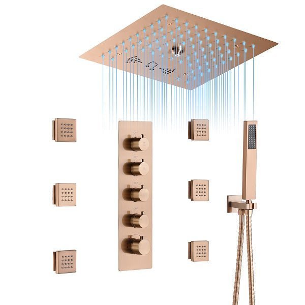 Cascada Luxury 12" Music LED shower system with built-in Bluetooth Speakers, 4 functions (Rainfall, Mist Outlet, Body jets & HandShower) & Remote Control 64 Color Lights cascada system LED bluetooth shower head speaker hot cold music rain rainfall musical lights showerhead body spray jet waterfall misty ceiling mounted handheld high pressure multicolor holder thermostatic chrome oil rubbed bronze mixer remote control