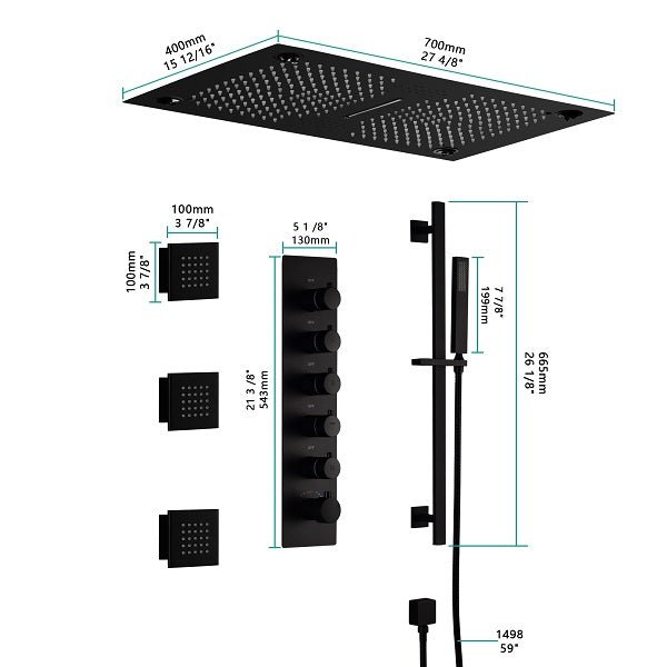 Cascada Luxury 15”x27” Music LED shower system with built-in Bluetooth Speakers, 5 functions (Rainfall, Waterfall, Mist Out let, Body Jet & Hand Shower) & Remote Control 64 Color Lights cascada system LED bluetooth shower head speaker hot cold music rain rainfall musical lights showerhead body spray jet waterfall misty ceiling mounted handheld high pressure multicolor holder thermostatic chrome oil rubbed bronze mixer remote control