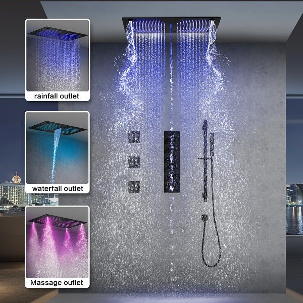 Cascada Luxury 15”x27” Music LED shower system with built-in Bluetooth Speakers, 5 functions (Rainfall, Waterfall, Mist Out let, Body Jet & Hand Shower) & Remote Control 64 Color Lights cascada system LED bluetooth shower head speaker hot cold music rain rainfall musical lights showerhead body spray jet waterfall misty ceiling mounted handheld high pressure multicolor holder thermostatic chrome oil rubbed bronze mixer remote control