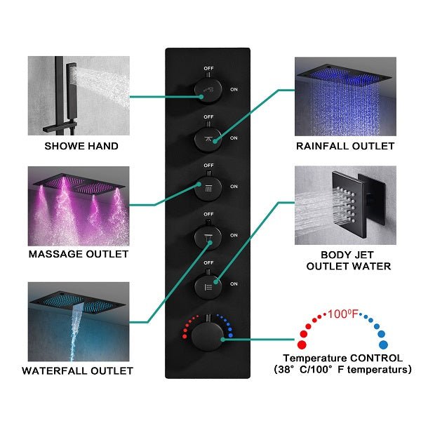 Cascada Luxury 15”x27” Music LED shower system with built-in Bluetooth Speakers, 5 functions (Rainfall, Waterfall, Mist Out let, Body Jet & Hand Shower) & Remote Control 64 Color Lights cascada system LED bluetooth shower head speaker hot cold music rain rainfall musical lights showerhead body spray jet waterfall misty ceiling mounted handheld high pressure multicolor holder thermostatic chrome oil rubbed bronze mixer remote control