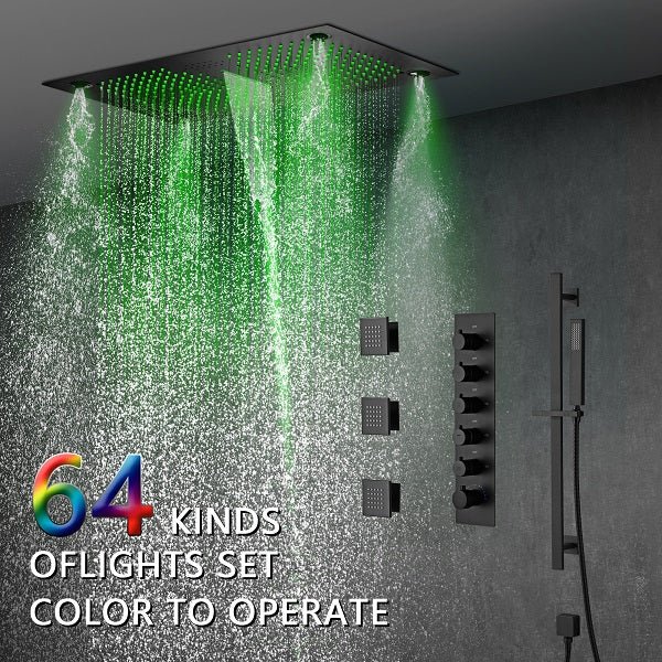 Cascada Luxury 15”x27” Music LED shower system with built-in Bluetooth Speakers, 5 functions (Rainfall, Waterfall, Mist Out let, Body Jet & Hand Shower) & Remote Control 64 Color Lights cascada system LED bluetooth shower head speaker hot cold music rain rainfall musical lights showerhead body spray jet waterfall misty ceiling mounted handheld high pressure multicolor holder thermostatic chrome oil rubbed bronze mixer remote control