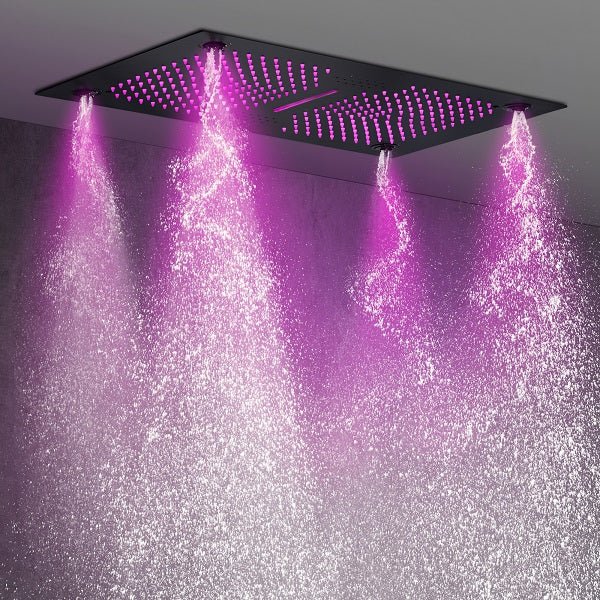 Cascada Luxury 15”x27” Music LED shower system with built-in Bluetooth Speakers, 5 functions (Rainfall, Waterfall, Mist Out let, Body Jet & Hand Shower) & Remote Control 64 Color Lights cascada system LED bluetooth shower head speaker hot cold music rain rainfall musical lights showerhead body spray jet waterfall misty ceiling mounted handheld high pressure multicolor holder thermostatic chrome oil rubbed bronze mixer remote control