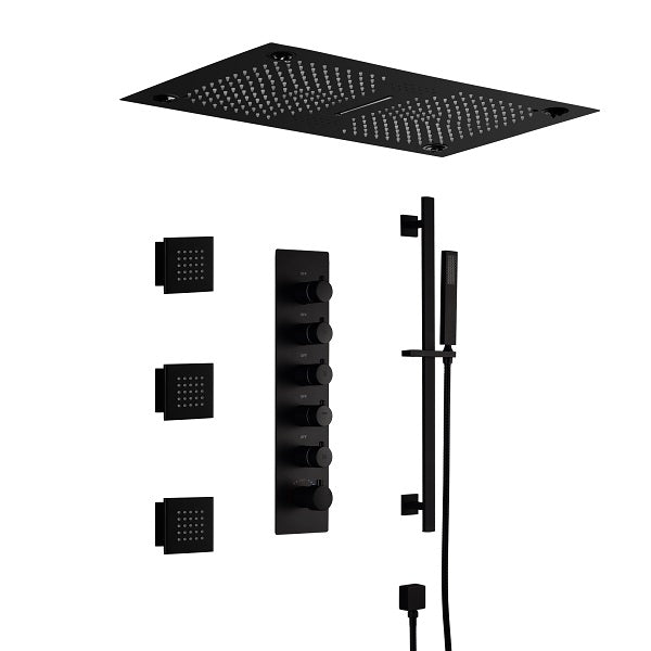 Cascada Luxury 15”x27” Music LED shower system with built-in Bluetooth Speakers, 5 functions (Rainfall, Waterfall, Mist Out let, Body Jet & Hand Shower) & Remote Control 64 Color Lights cascada system LED bluetooth shower head speaker hot cold music rain rainfall musical lights showerhead body spray jet waterfall misty ceiling mounted handheld high pressure multicolor holder thermostatic chrome oil rubbed bronze mixer remote control