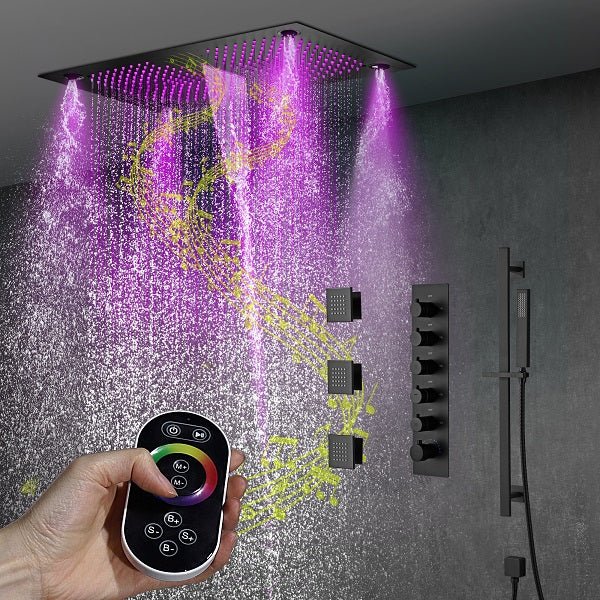Cascada Luxury 15”x27” Music LED shower system with built-in Bluetooth Speakers, 5 functions (Rainfall, Waterfall, Mist Out let, Body Jet & Hand Shower) & Remote Control 64 Color Lights cascada system LED bluetooth shower head speaker hot cold music rain rainfall musical lights showerhead body spray jet waterfall misty ceiling mounted handheld high pressure multicolor holder thermostatic chrome oil rubbed bronze mixer remote control