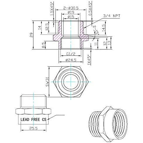 G1/2" Pipe fittings female Thread Water Pipe to 3/4" NPT Male Adapter - Cascada Showers