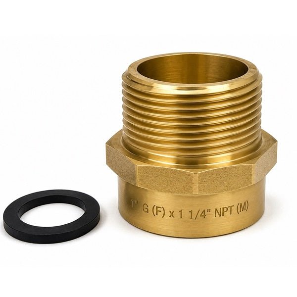 1 inch G female to 1 1/4 inch NPT male brass adapter with washer
