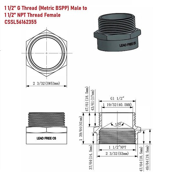 G Thread (Metric BSPP) Male to NPT Female Adapter - Lead-Free (1 1/2" x 1 1/2")