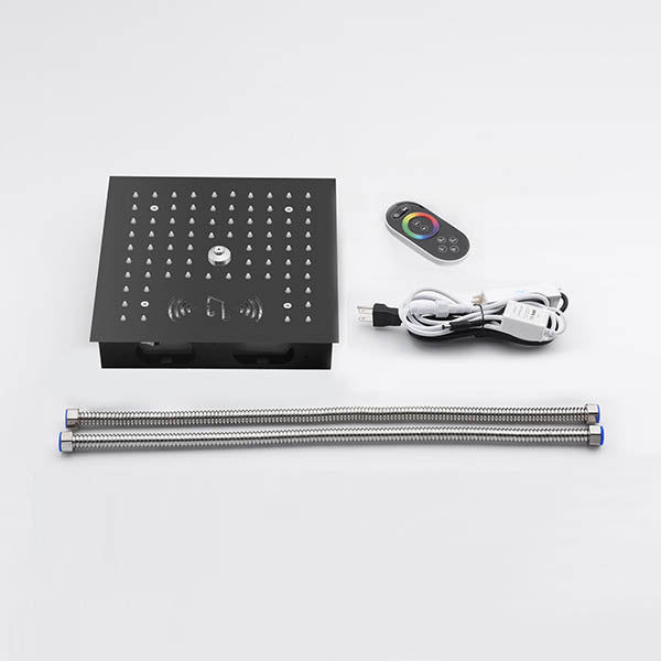 Everything in the box — Cascada Royale shower head, braided hoses, waterproof adapter, and installation hardware
